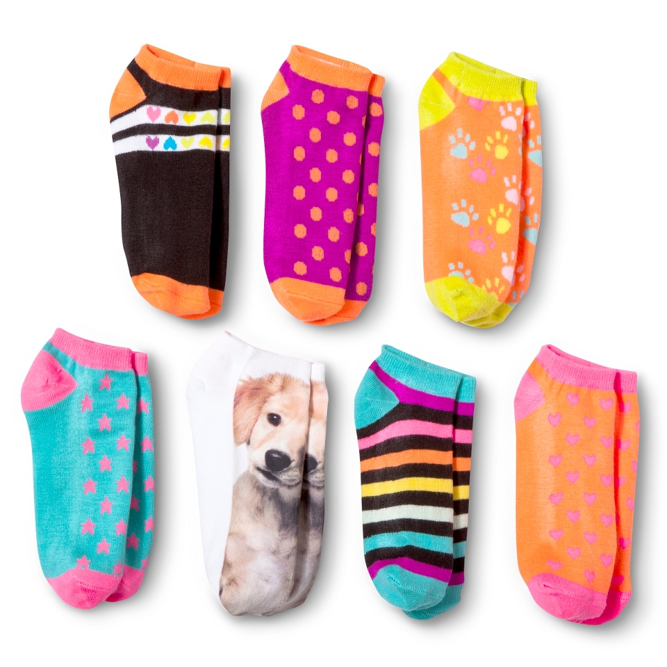 Xhilaration Girls 7pk Low Cut Puppy Patterned Socks   Assorted 9 2.5