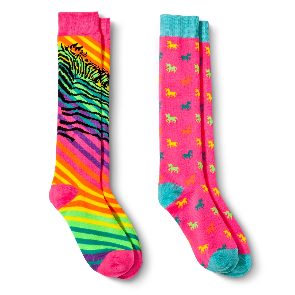 Xhilaration Girls Rainbow Zebra Knee High Socks 2pk   Fuchsia 9 2.5