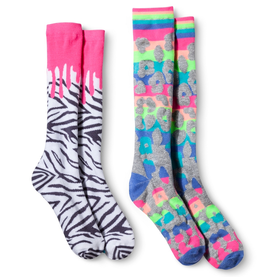 Xhilaration Girls Zebra/Leopard Knee High Socks 2pk   Silver Lining 3 10