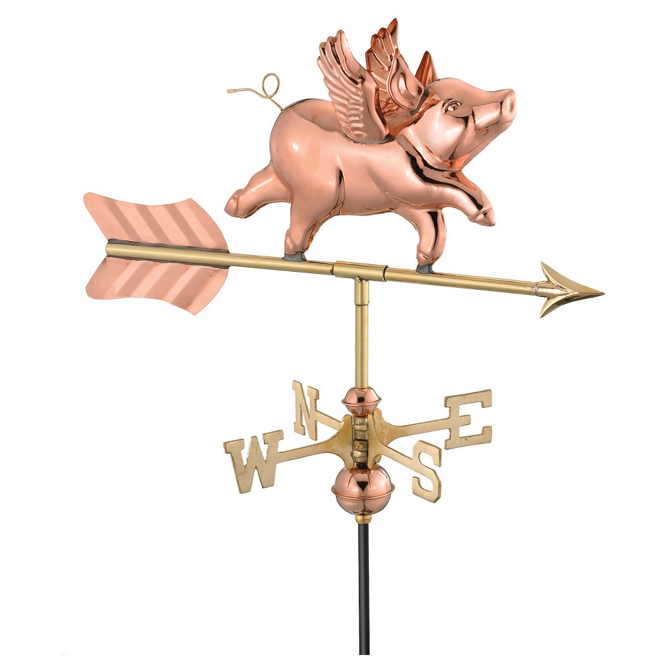 Good Directions Flying Pig Garden Weathervane   Polished Copper w/Roof Mount