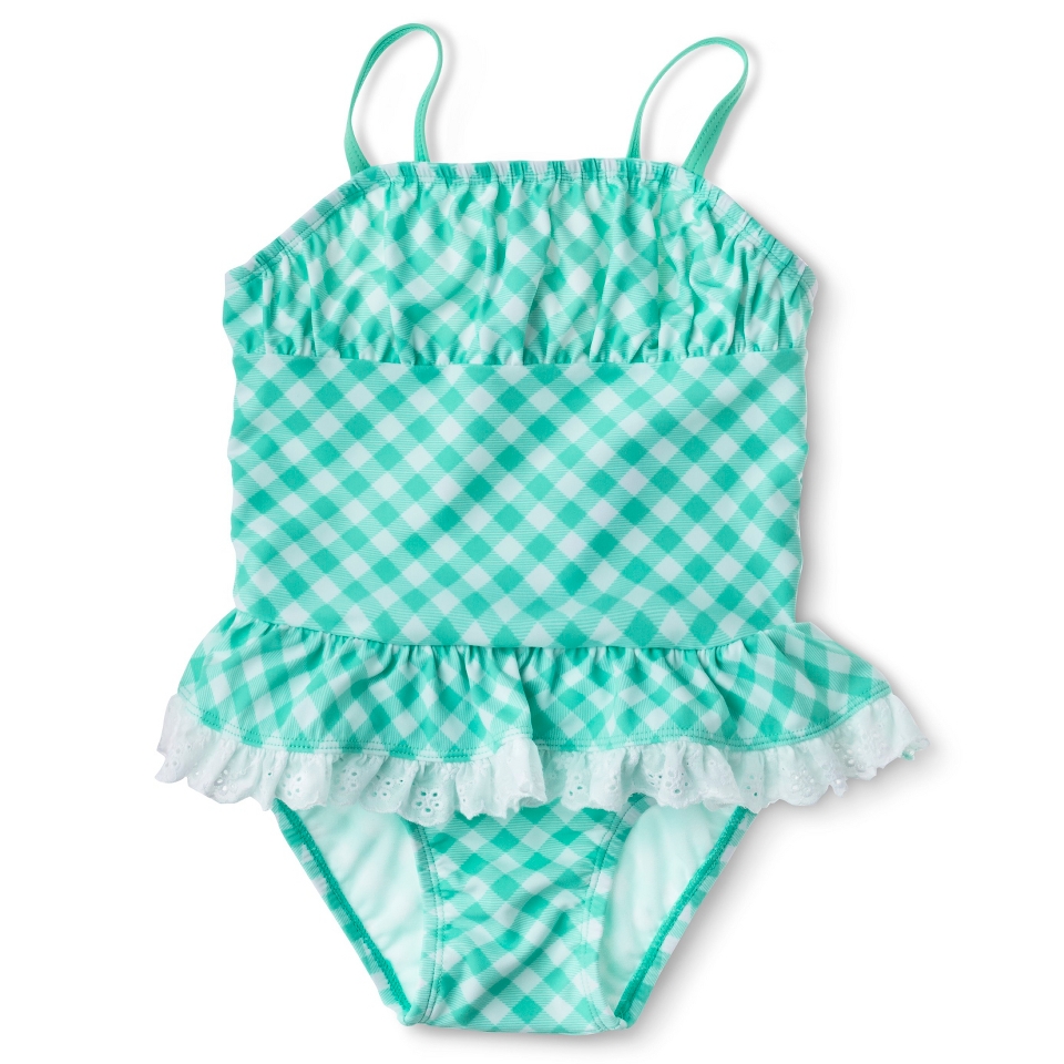 Circo Infant Toddler Girls 1 Piece Gingham Check Swimsuit   Aqua 9 M