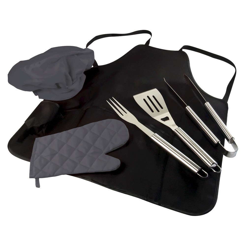Picnic Time Bbq Apron Tote with Tools, Mitt and Chefs Hat, Black