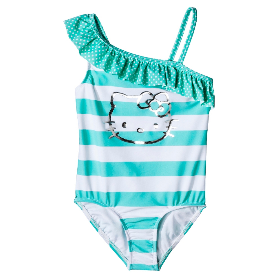 Hello Kitty Girls 1 Piece Striped Swimsuit   Misty Blue L