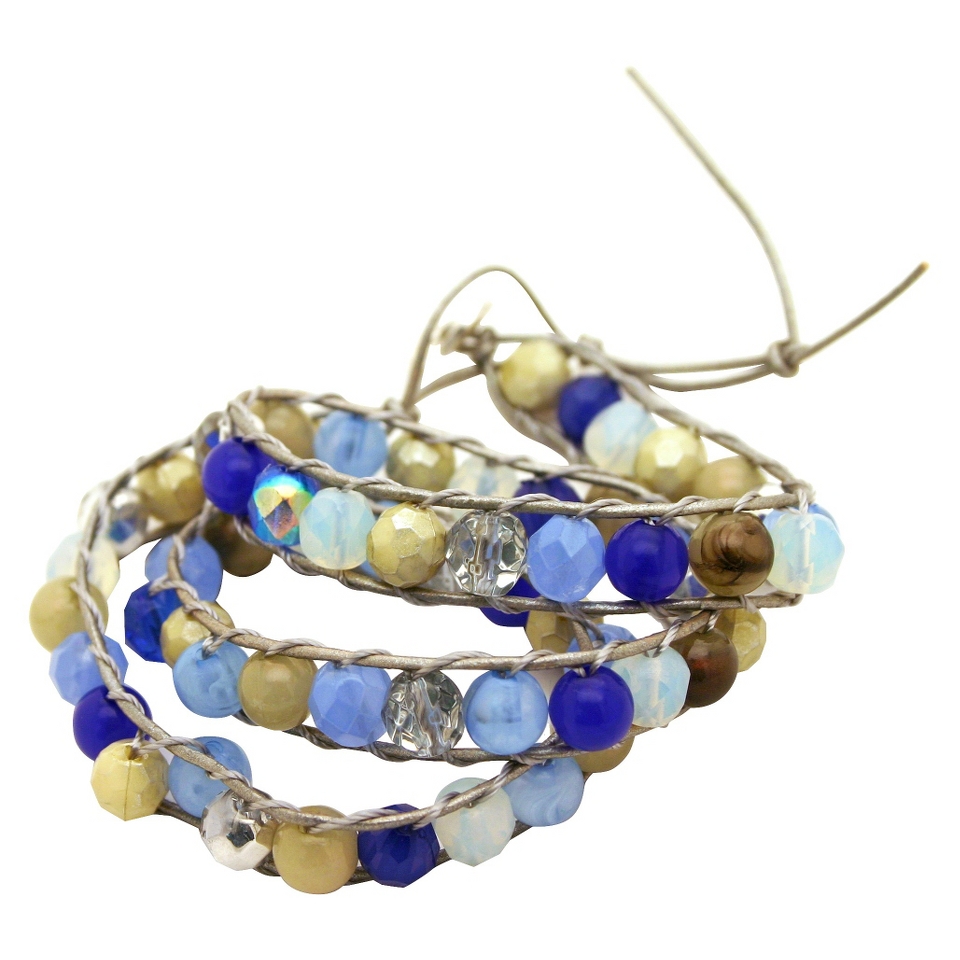 Womens Beaded Wrap Bracelet with Button Closure   Silver/Blue