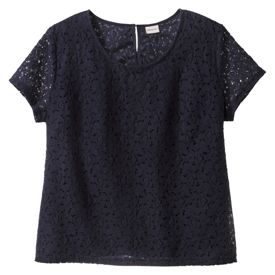 Merona Womens Plus Size Short Sleeve Lace Overlay Blouse   Navy 1X