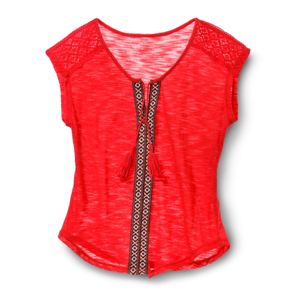 Xhilaration Juniors Lace Shoulder Peasant Top   City Coral L(11 13)