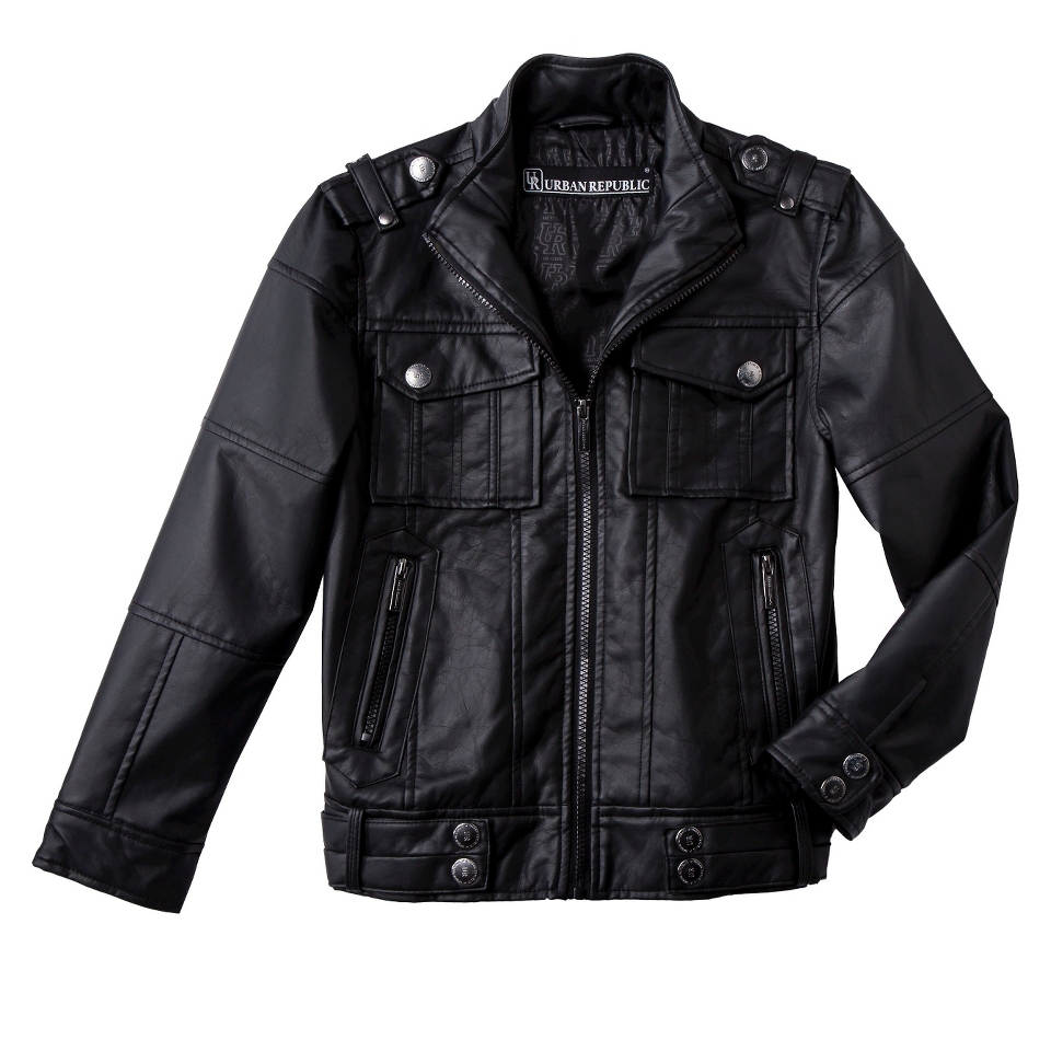 Urban Republic Infant Boys 4 Pocket Faux Leather Aviator Jacket   Black 24 M