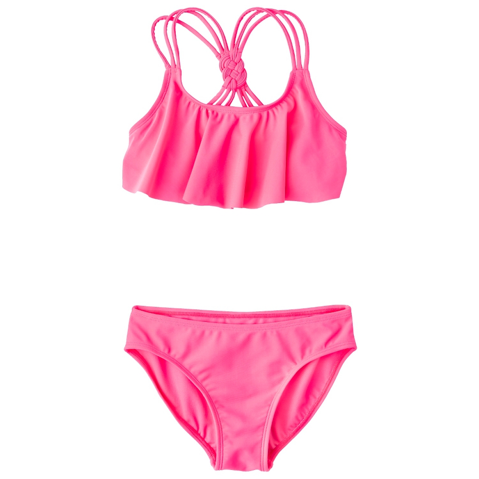 Girls 2 Piece Ruffled Bandeau Bikini Swimsuit Set   Coral L