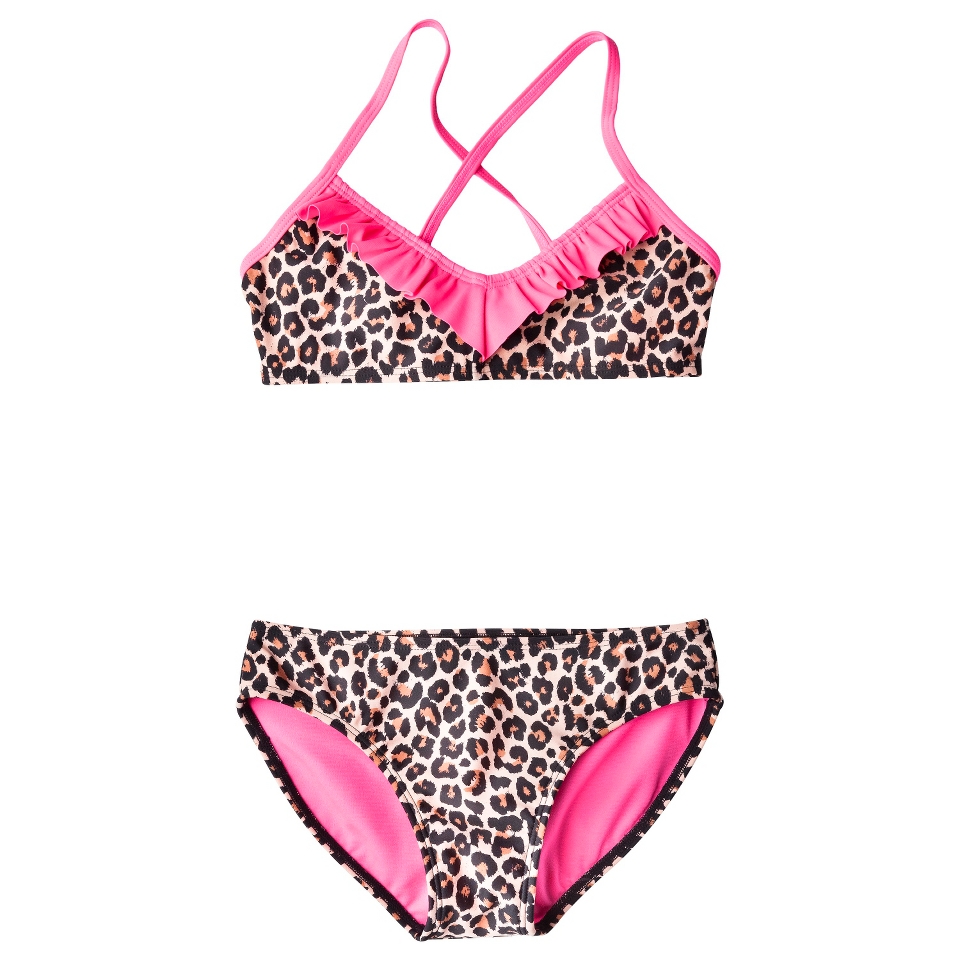 Girls 2 Piece Leopard Spot Bikini Swimsuit Set   Pink/Brown XL