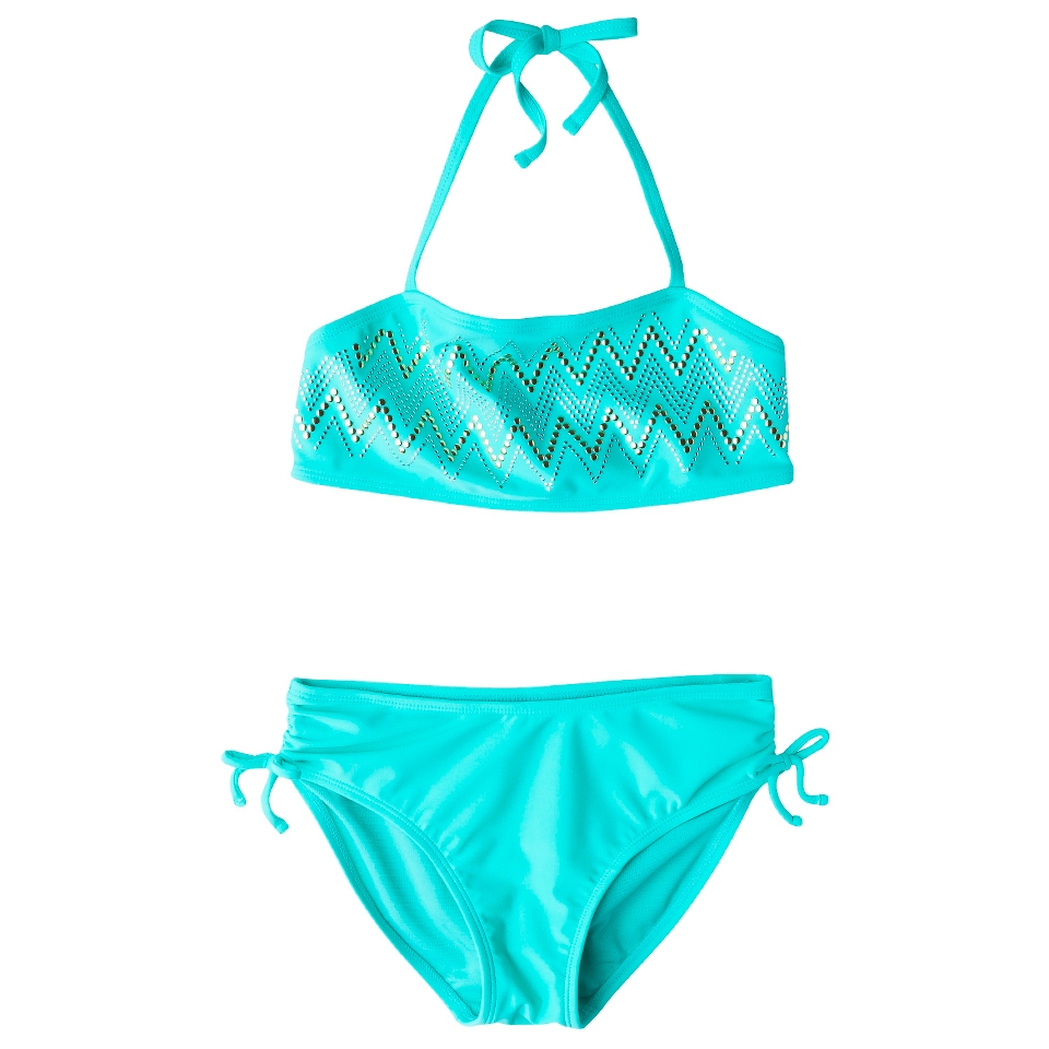 Girls 2 Piece Chevron Sequin Bandeau Bikini Swimsuit Set   Aqua XS
