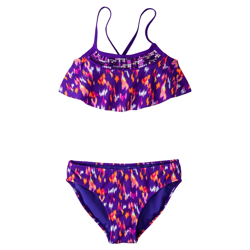 Girls 2 Piece Ruffled Bandeau Bikini Swimsuit Set   Purple XS