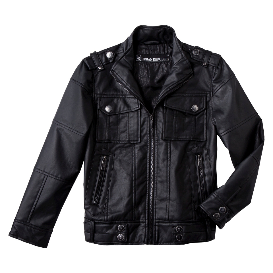 Urban Republic Boys 4 Pocket Faux Leather Aviator Jacket   Black 7