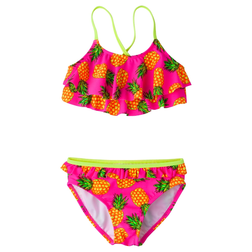 Girls 2 Piece Ruffled Pineapple Bandeau Bikini Swimsuit Set   Pink XL