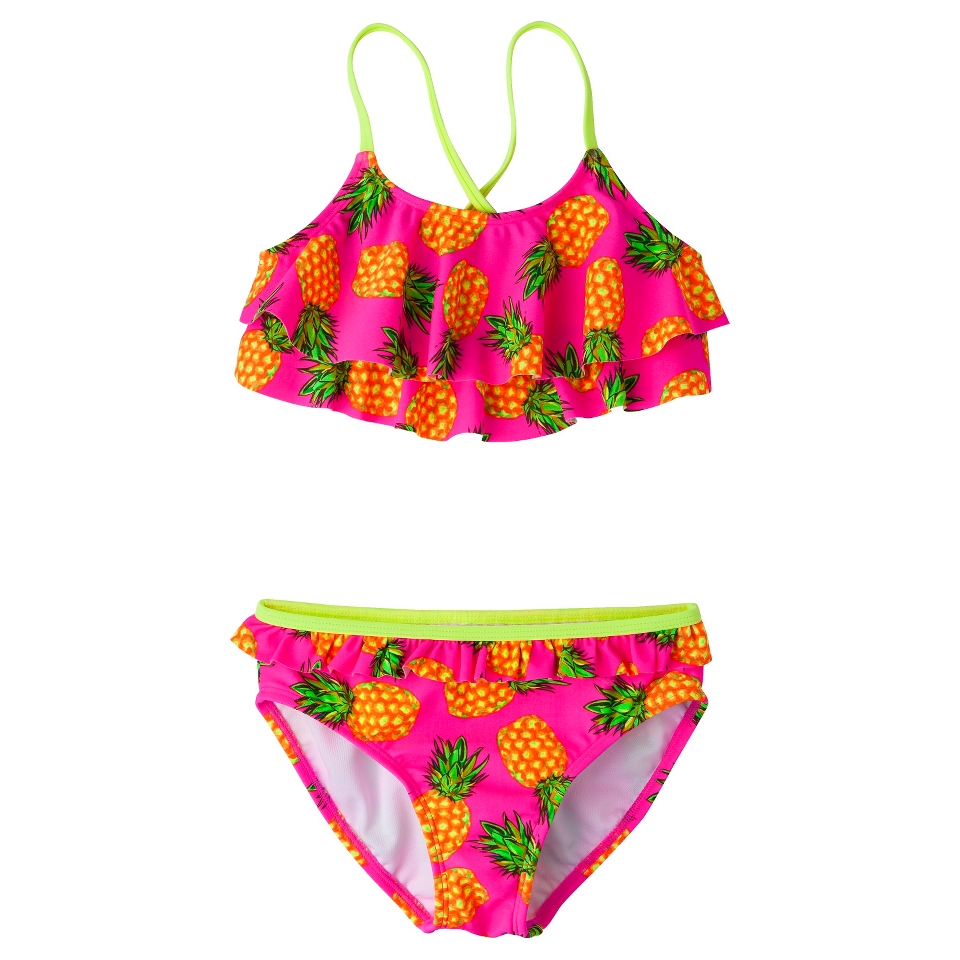 Girls 2 Piece Ruffled Pineapple Bandeau Bikini Swimsuit Set   Pink XS