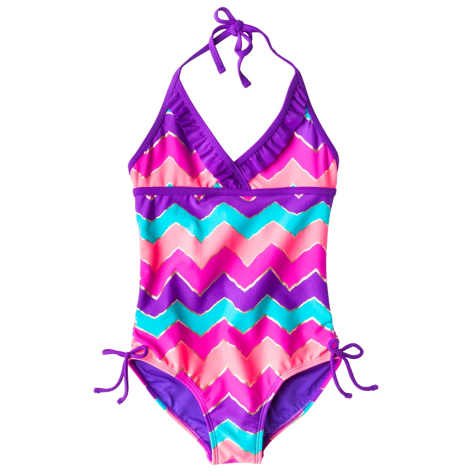 Girls 1 Piece Chevron Swimsuit   Purple/Pink XL