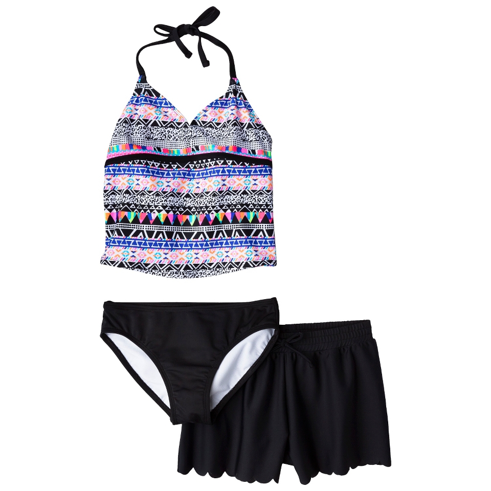 Girls 3 Piece Halter Tankini and Short Swimsuit Set   Black/Purple XS