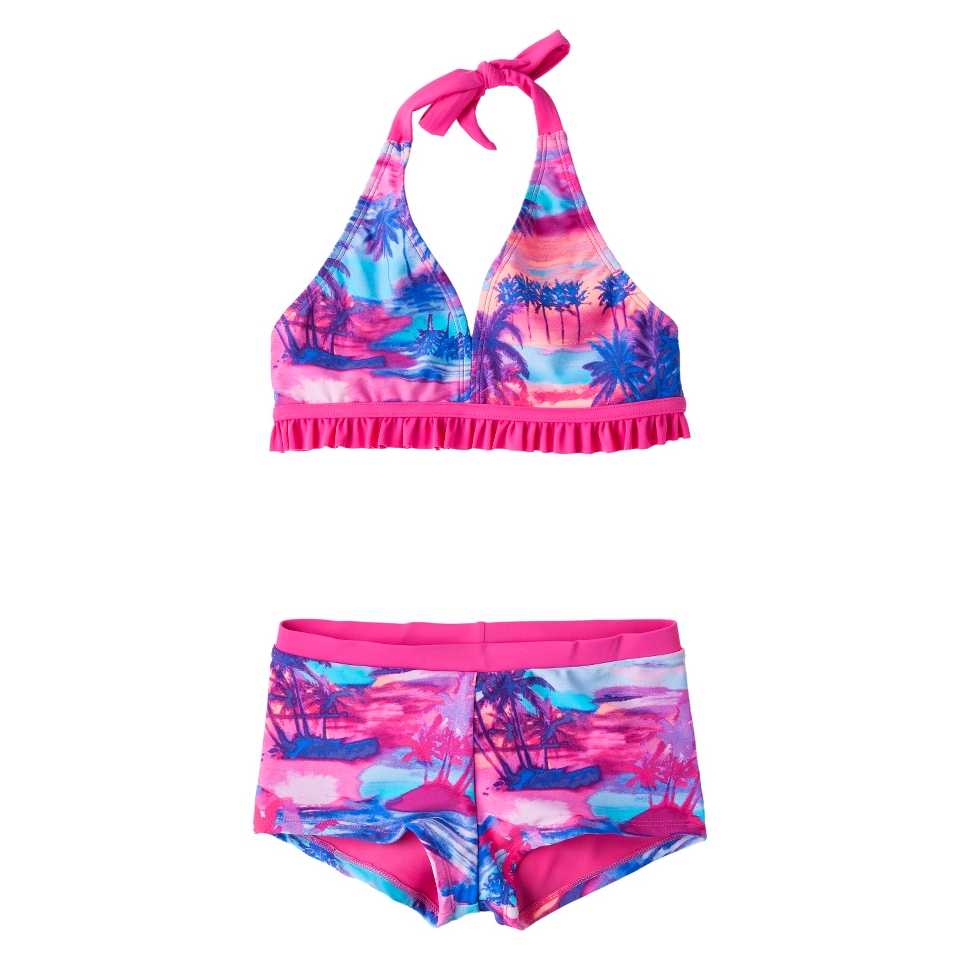Girls 2 Piece Halter Tie Dye Bikini Swimsuit Set   Pink/Blue M