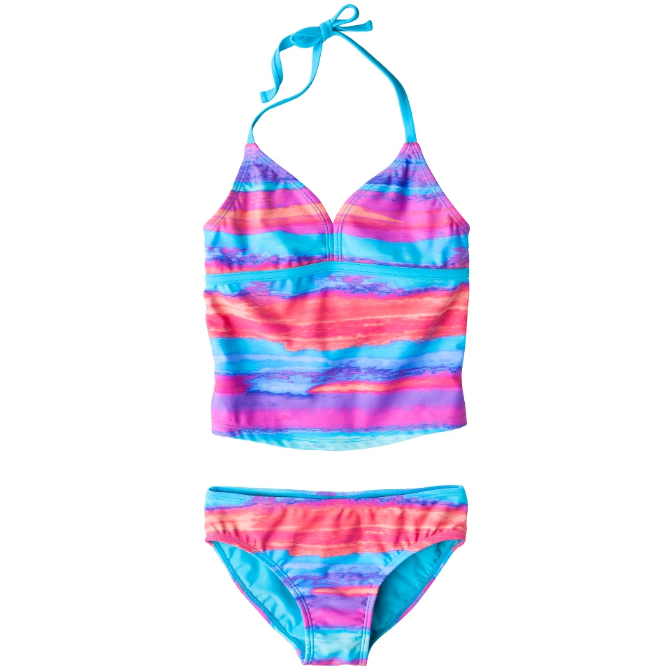 Girls 2 Piece Striped Halter Tankini Swimsuit Set   Blue M