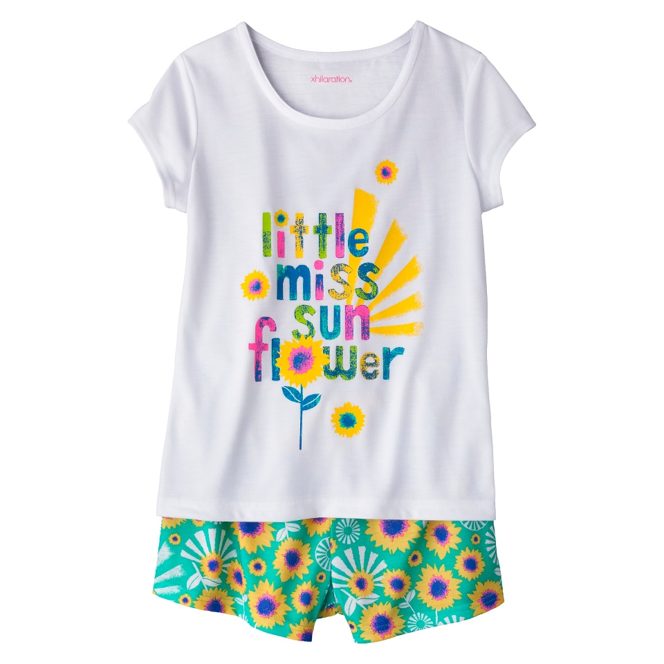 Xhilaration Girls 2 Piece Short Sleeve Sun Flower Pajama Set   White M