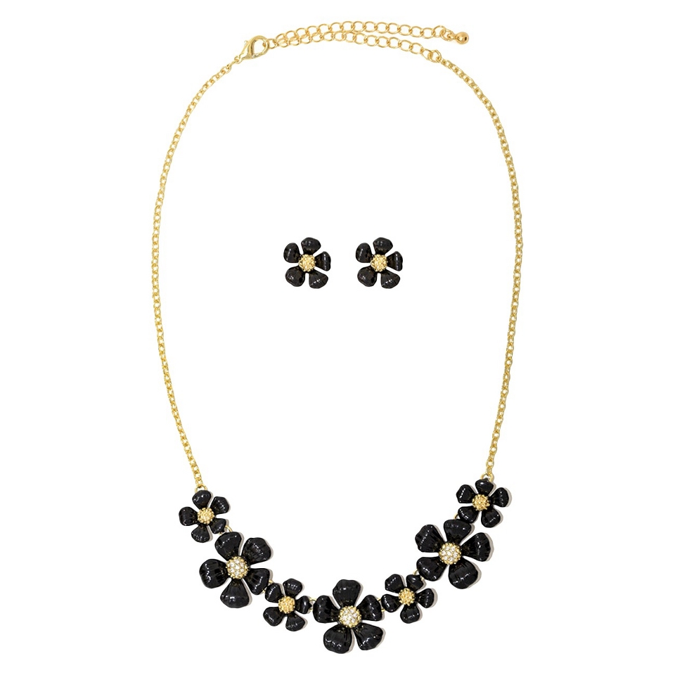 Daisy Flowers and Crystals Enamel and Gold Electroplated Necklace and Earrings