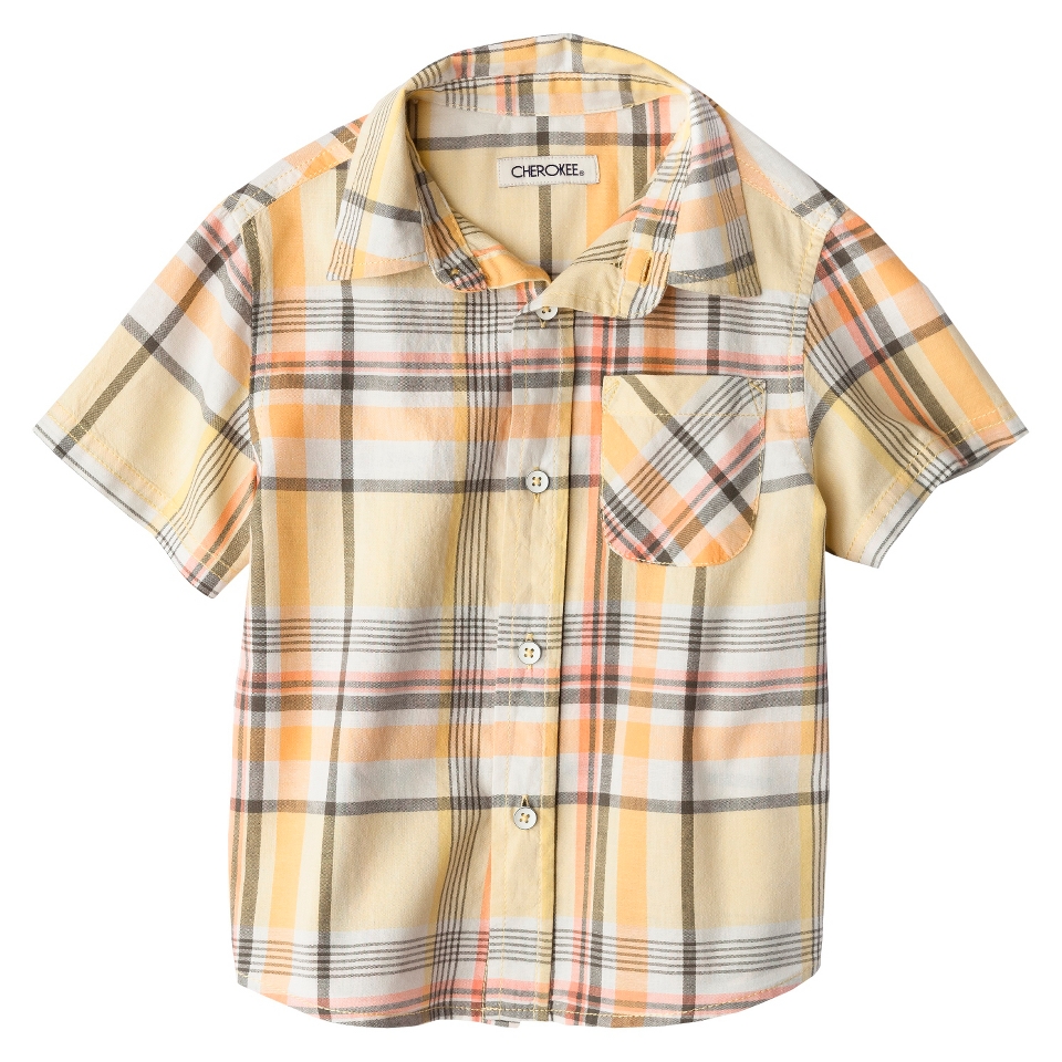 Cherokee Infant Toddler Boys Short Sleeve Plaid Buttondown   Mango Fizz 12 M