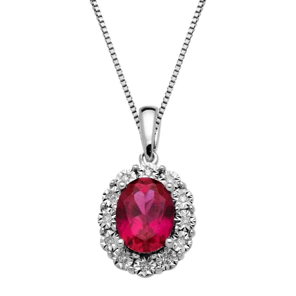Created Ruby Sterling Silver Oval Pendant Necklace   Red
