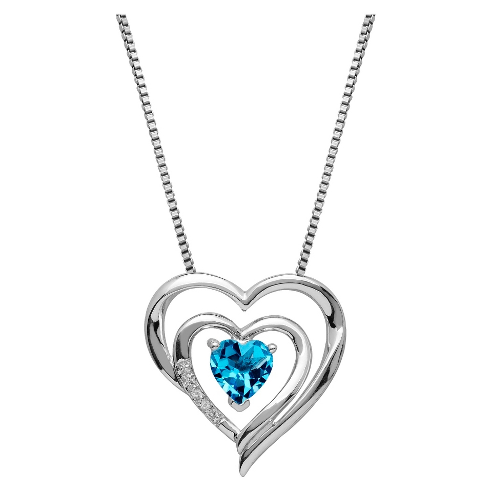 Sterling Silver Double Framed Blue Topaz with White Topaz Accent Heart Pendant  