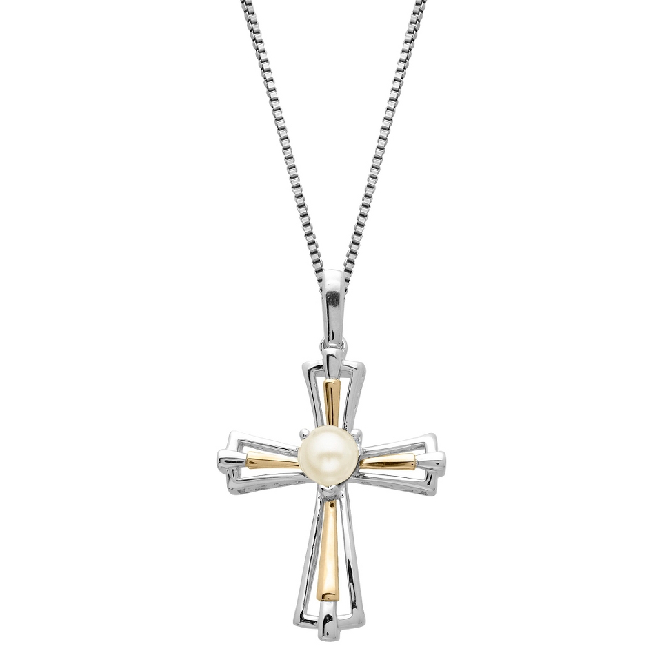 Sterling Silver and 14k Yellow Gold Cultured Freshwater Pearl Cross Pendant  