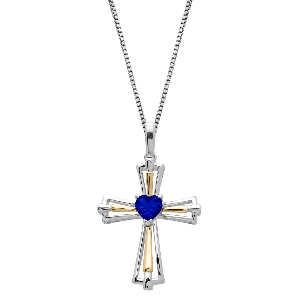 Sterling Silver and 14k Yellow Gold Created Sapphire Cross Pendant   18
