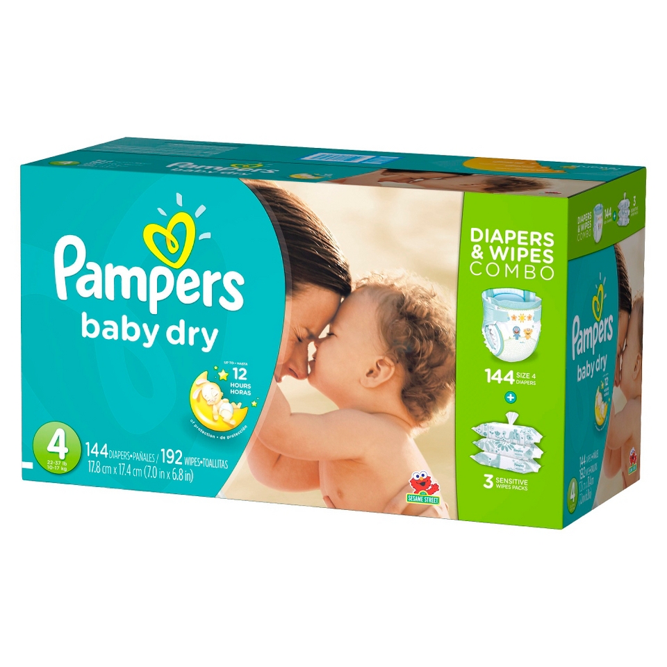 Pampers Baby Dry Diapers & Sensitive Wipes Combo Pack Size 4 (144 Count),