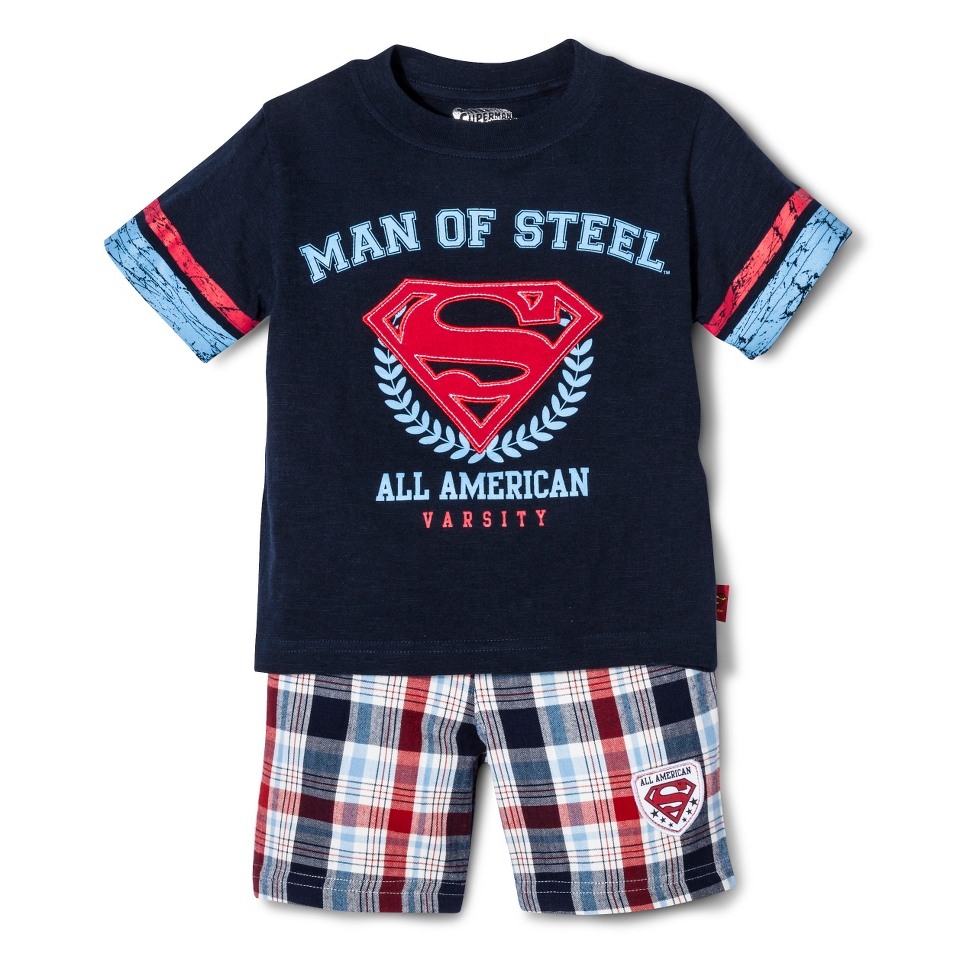 Superman Infant Toddler Boys Short Sleeve Tee and Plaid Boy Short Set   Navy