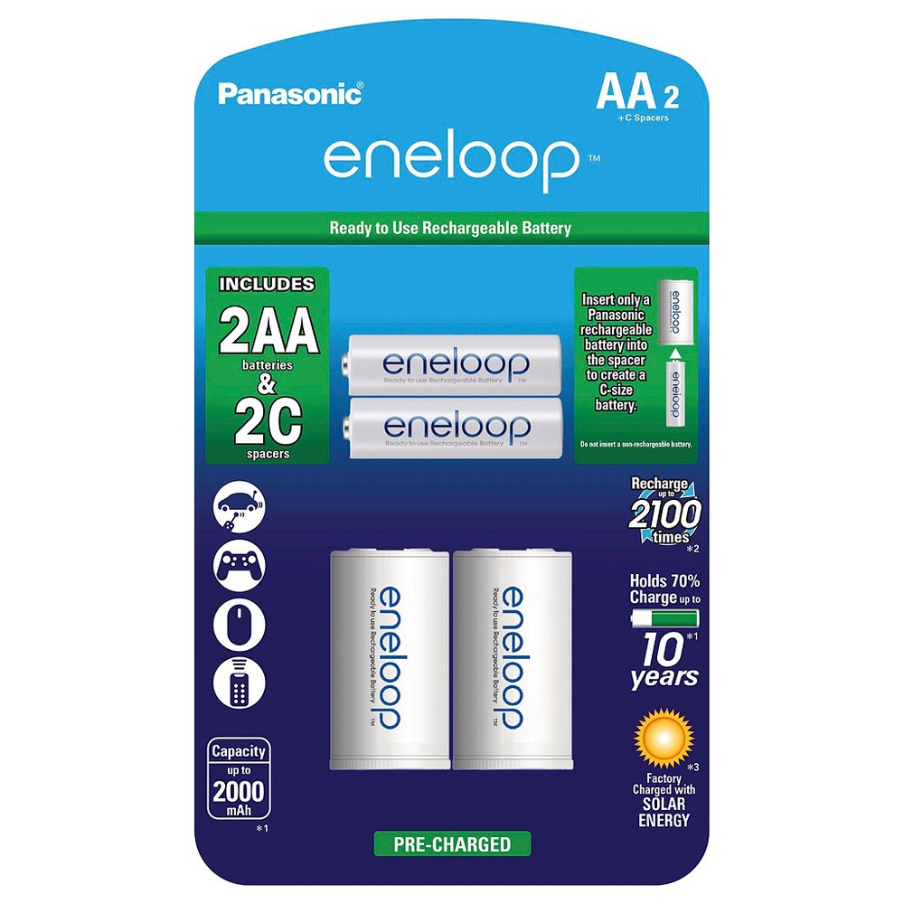Panasonic eneloop AA 2100 cycle, Ni-MH Pre-Charged Rechargeable Batteries - 2 Pack with 2 "c" Spacers