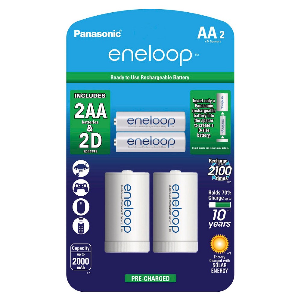 Panasonic eneloop AA 2100 cycle, Ni-MH Pre-Charged Rechargeable Batteries - 2 Pack with 2 "d" Spacers