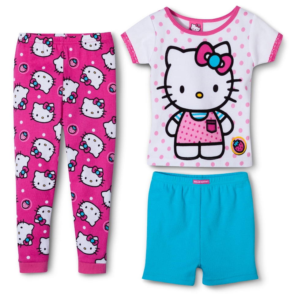 Hello Kitty Toddler Girls 3 Piece Short Sleeve Pajama Set   Pink 2T