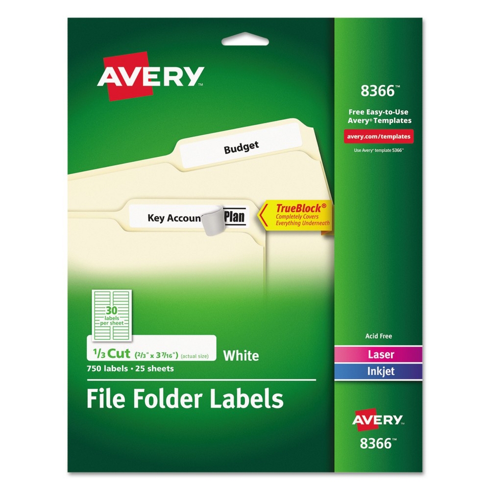 Avery Laser/Inkjet Permanent Self Adhesive File Folder Labels   White (750 Per