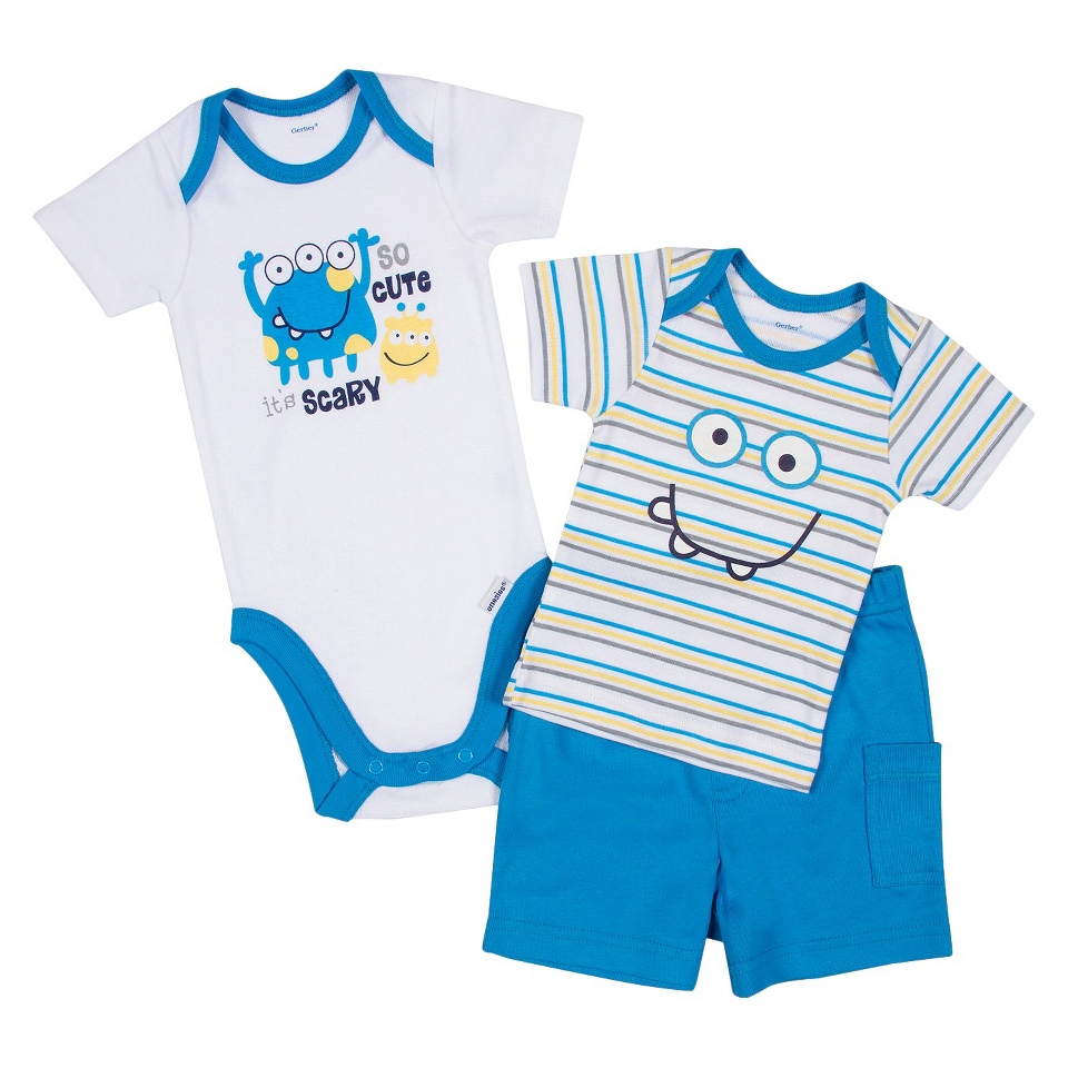 Gerber Newborn Boys 3 Piece Monster Short Set   Blue 3 6 M