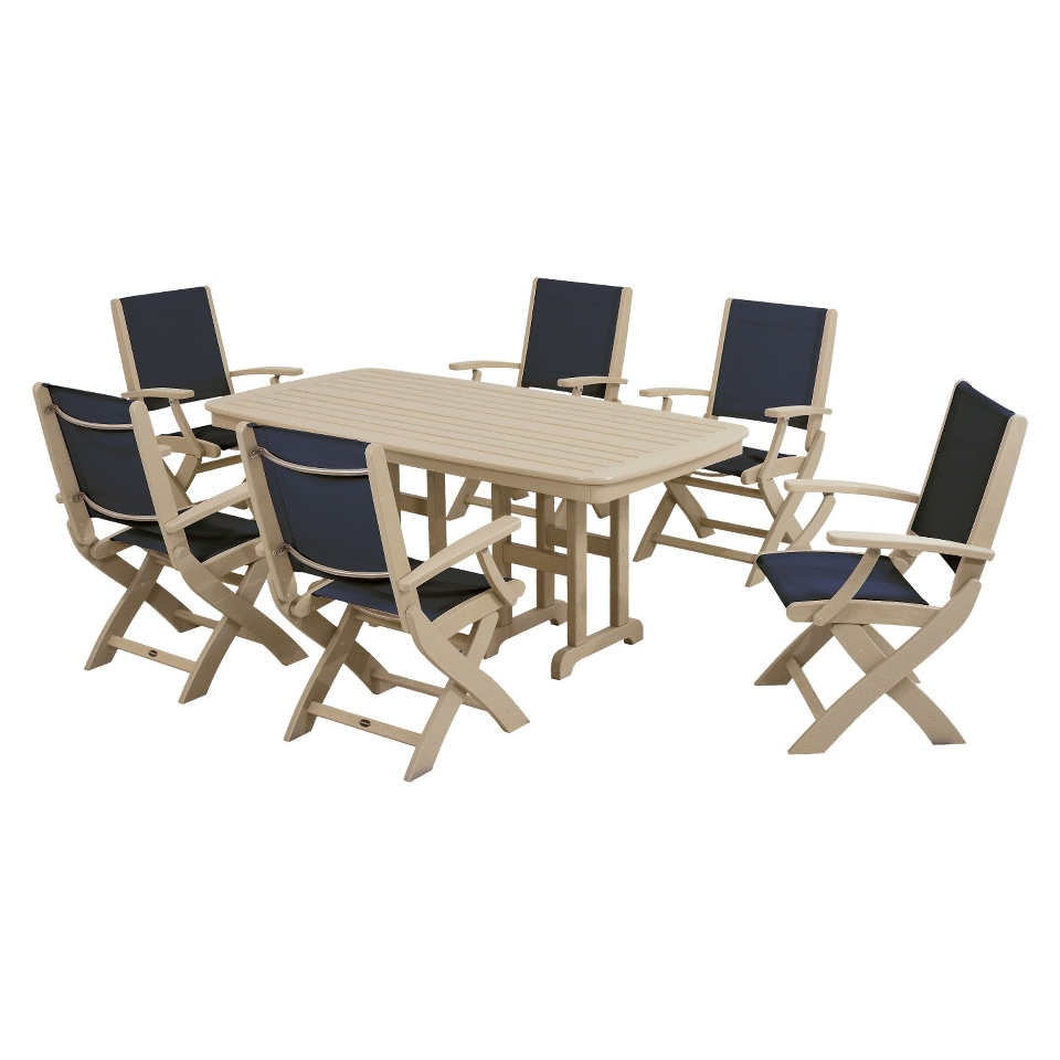 Polywood Coastal 7 Piece Sling Dining Furniture Set   Beige/Dark Blue