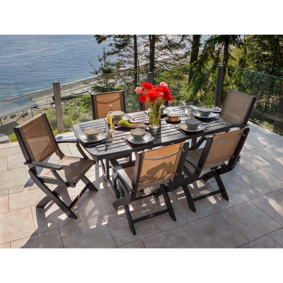 Polywood Coastal 7 Piece Sling Dining Furniture Set   Black/Brown