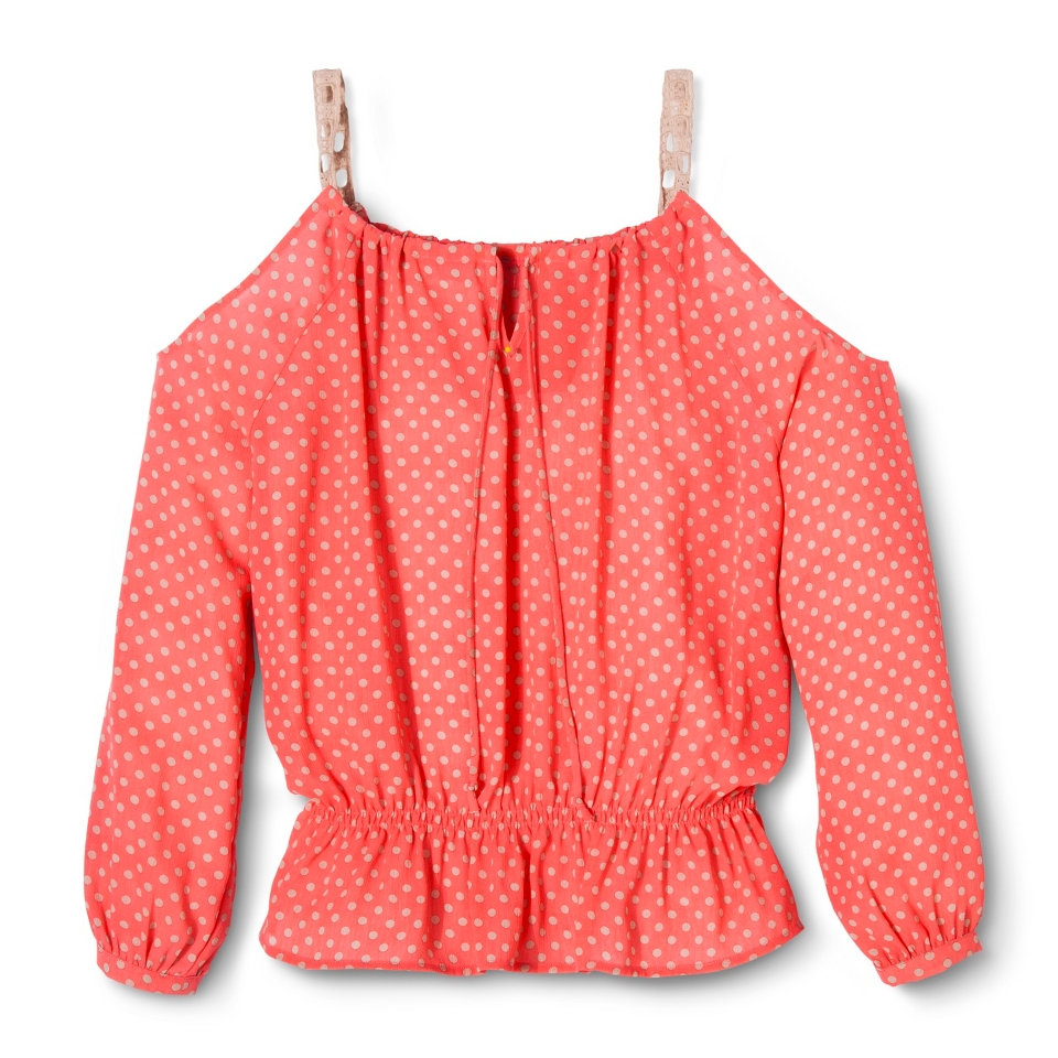 Juniors Cold Shoulder Peasant Top   Tan/Coral LRG