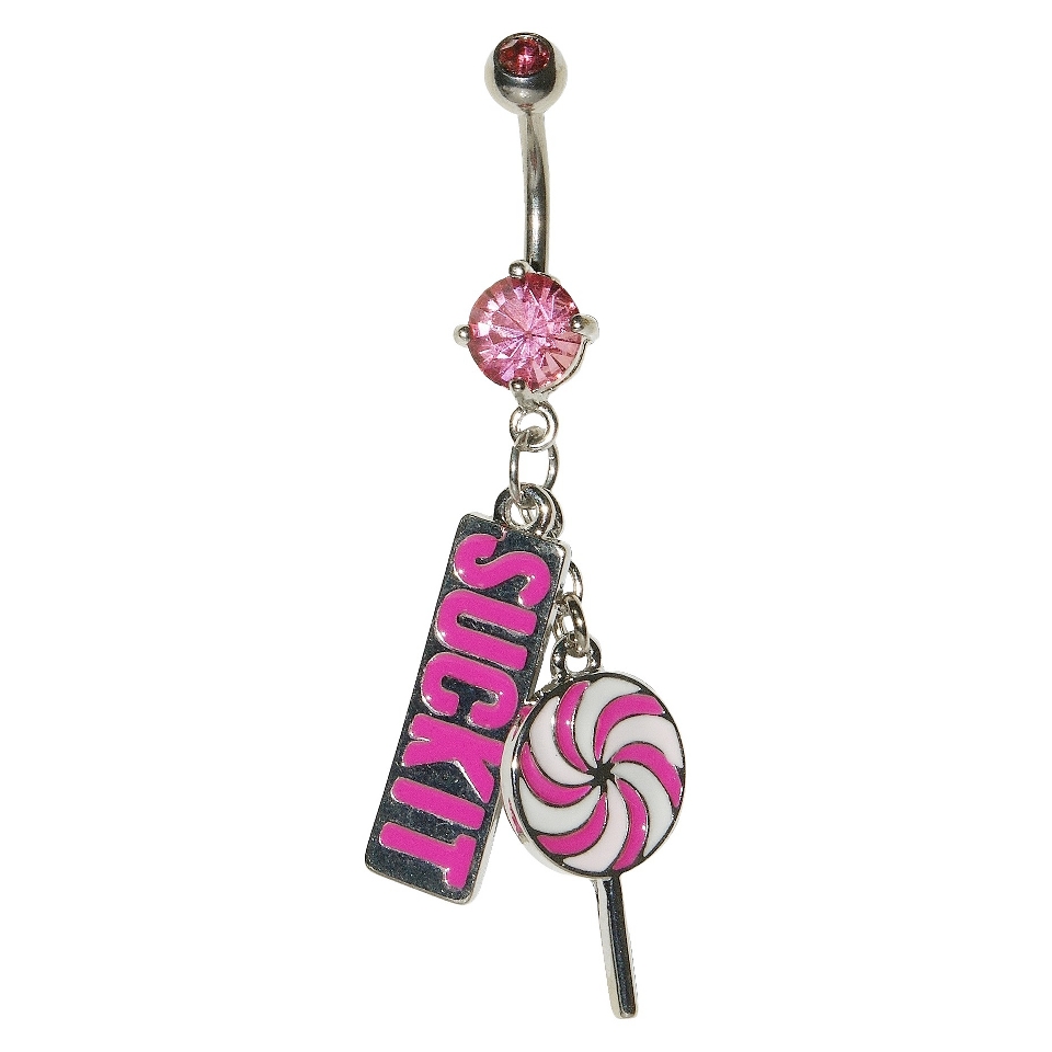 Womens Supreme Jewelry Curved Barbell Belly Ring with Stones   Silver/Pink