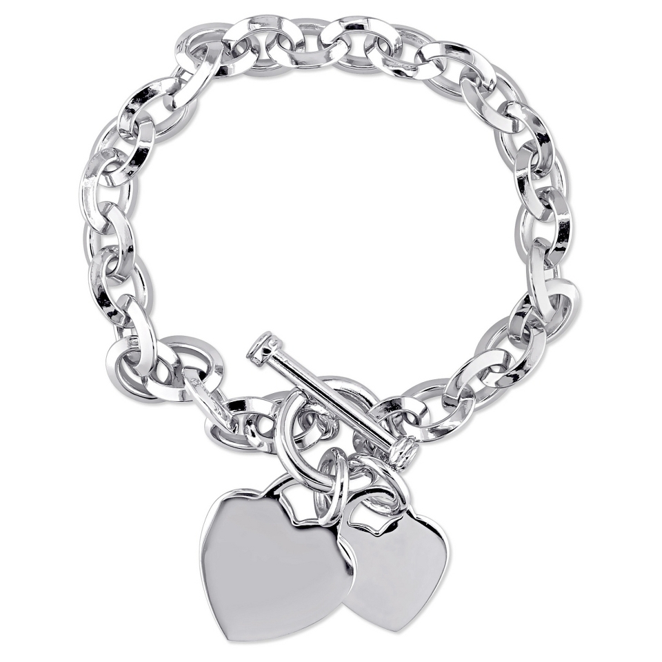 Oval Link Bracelet with Heart Charms and Toggle Clasp in Sterling Silver   7.5