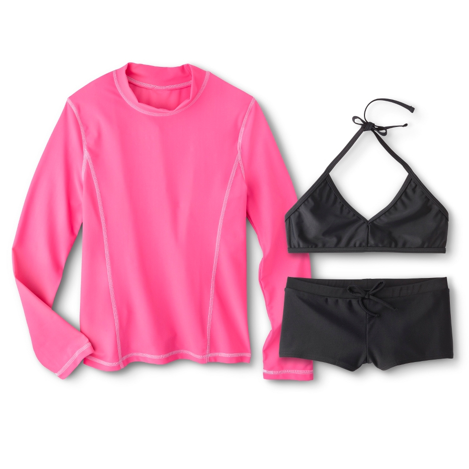 Girls Long Sleeve Rashguard, Swim Bottom and Bikini Top Set   Black/Pink L