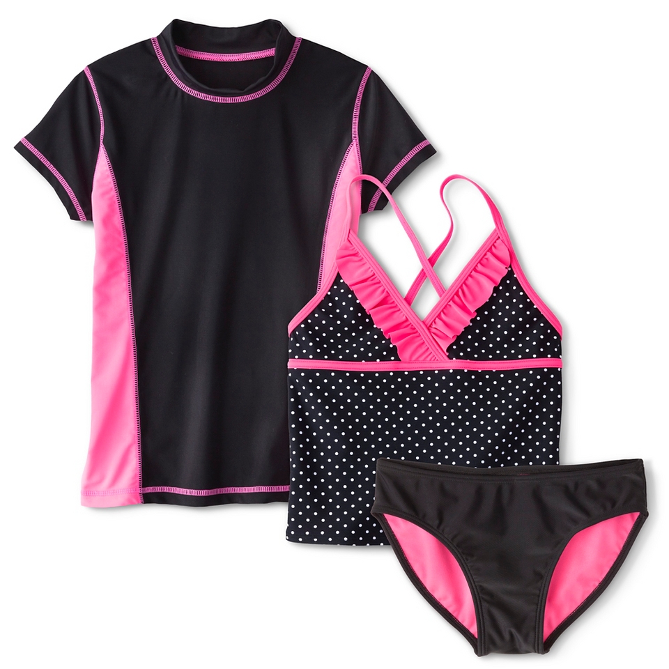 Girls Short Sleeve Rashguard, Swim Bottom and Polka Dot Tankini Top Set  