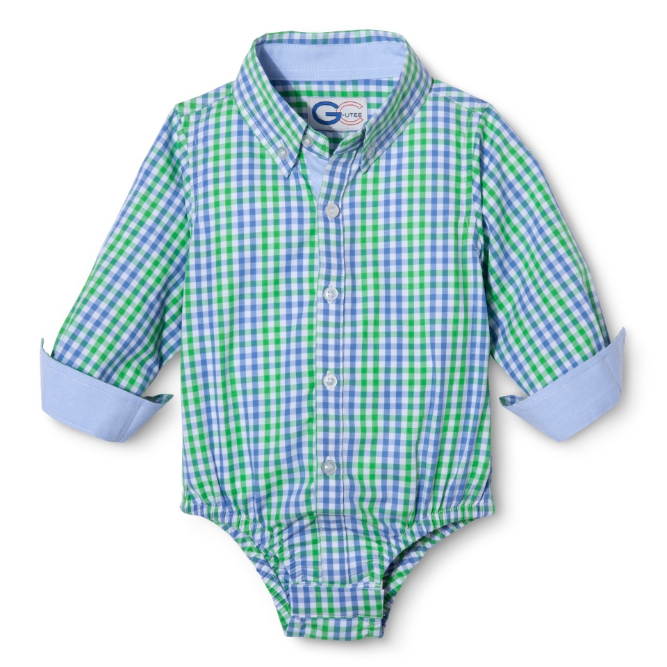 G Cutee Newborn Boys Long Sleeve Gingham Button Down Shirtzie   Green/Blue 18 M