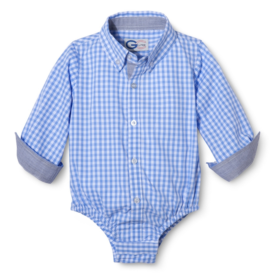 G Cutee Newborn Boys Long Sleeve Gingham Button Down Shirtzie   Blue 24 M