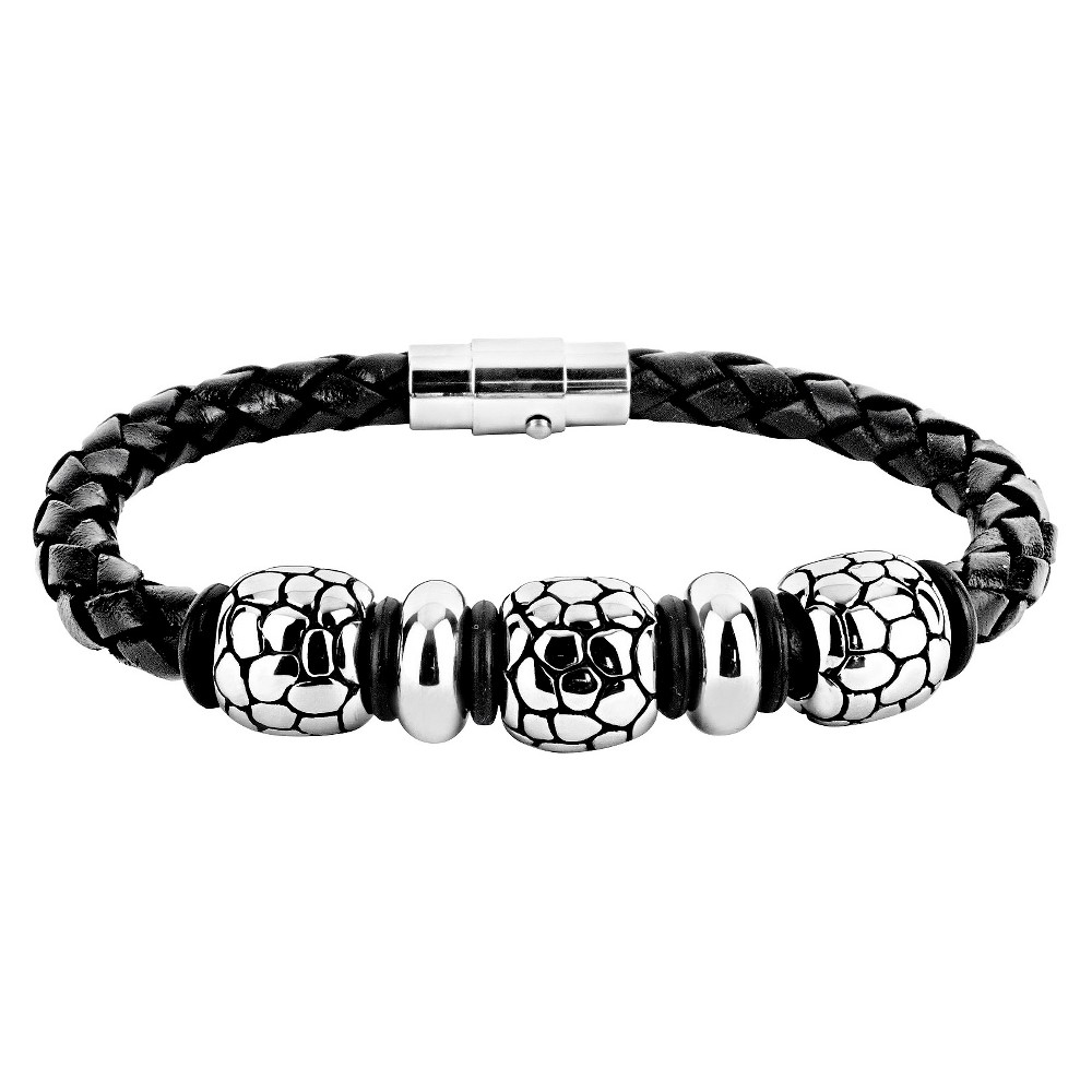 Mens Crucible Braided Leather Bracelet with Stainless Steel Reptilian Beads - Black