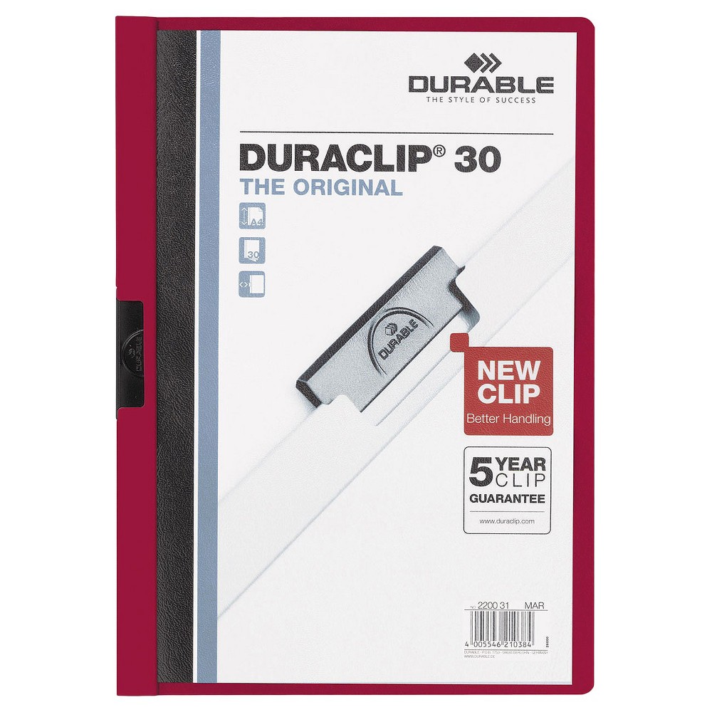 Durable 30" Capacity Vinyl DuraClip Letter Sized Report Cover with Clip - Clear/Maroon" - 5 Pack, Clr/Mrn