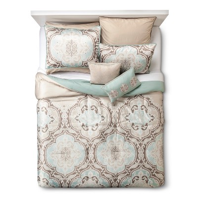 Natural Brown Mint Green Savoie Comforter Set Satin Paisley