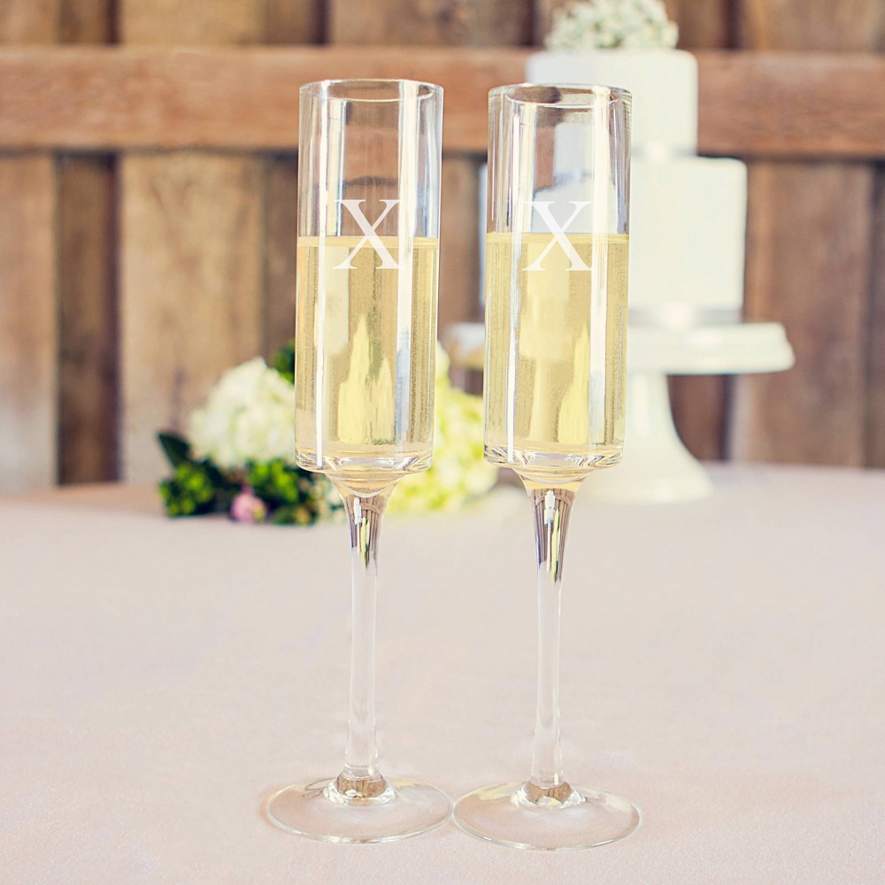 2ct Monogram Contemporary Wedding Champagne Flutes, Clear