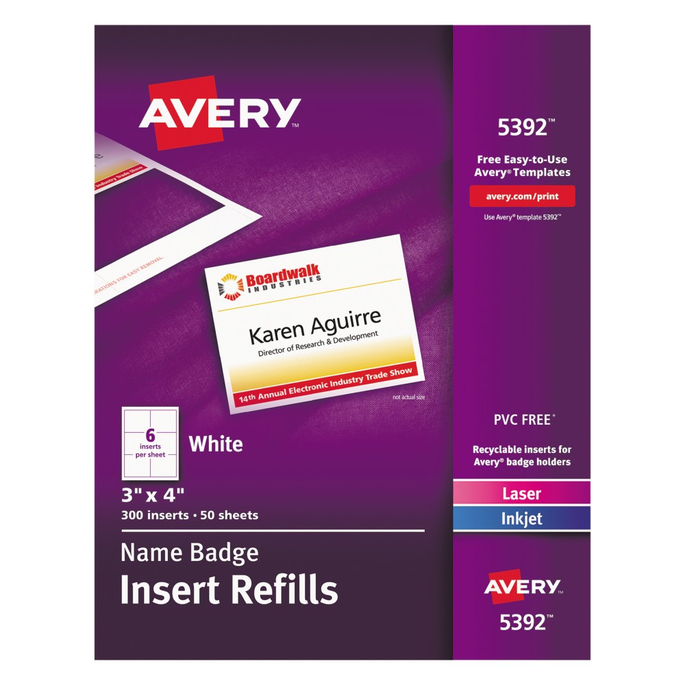 Avery Name Badge Insert Sheets, 3" x 4"